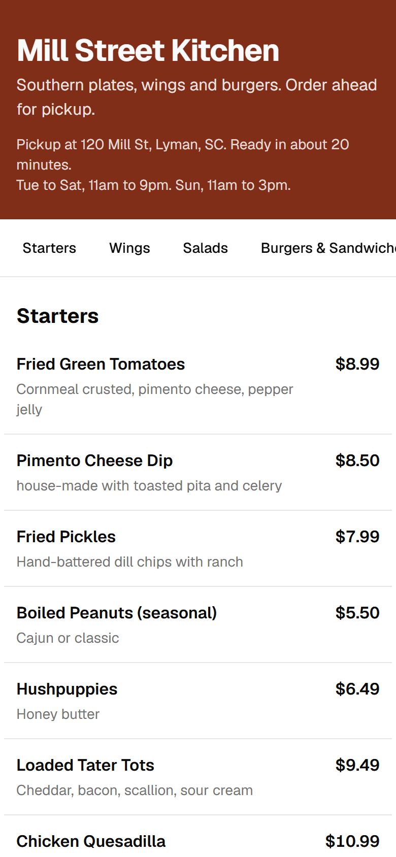 Menu with category tabs on a phone